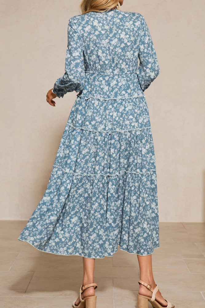 R.Vivimos Fall Floral Dress for Women 2025 Boho Long Sleeve V Neck Drawstring Tie Loose Tiered Flowy Midi Dress with Pockets