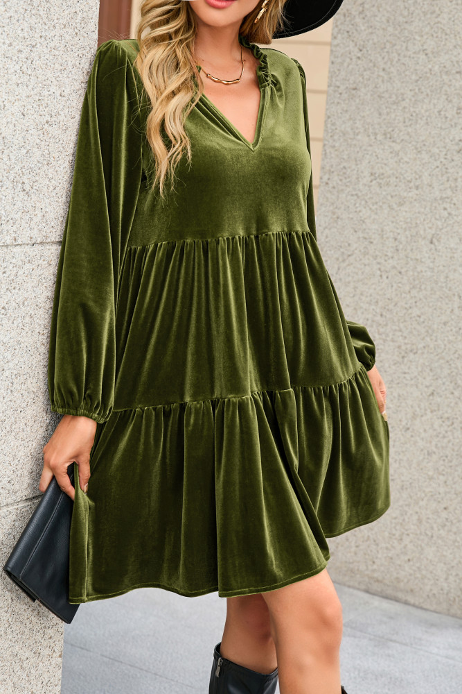 R.Vivimos Womens Fall Winter Velvet Tunic Dress 2025 Long Sleeve V Neck Casual Loose Tiered Ruffle Mini Dress