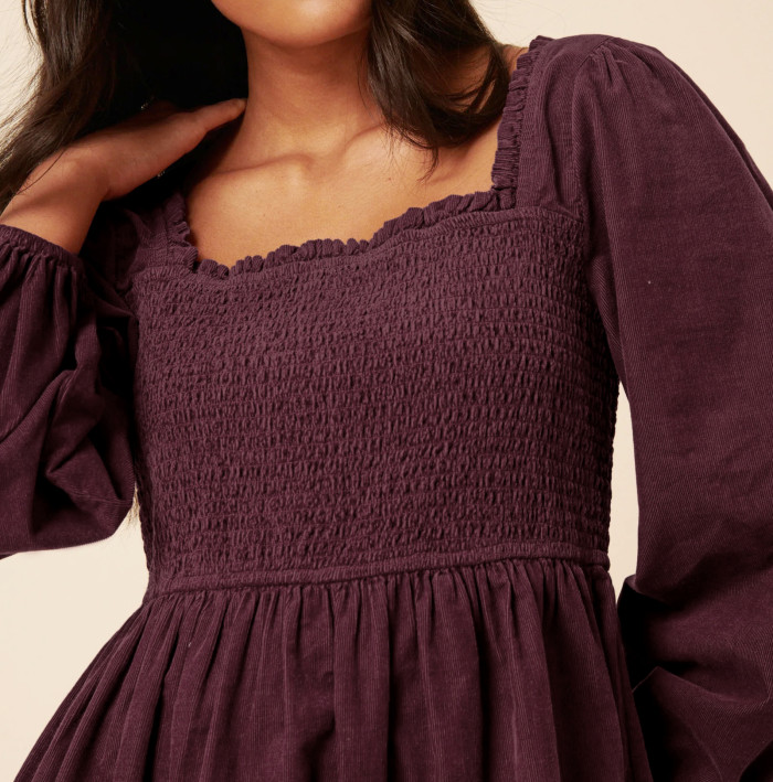R.Vivimos Womens 2025 Fall Corduroy Cotton Long Sleeve Square Neck Elastic Smocked A-Line Ruffle Mini Dress