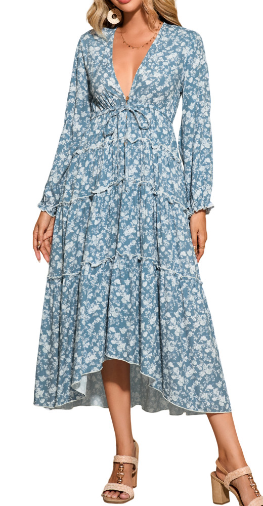 R.Vivimos Fall Floral Dress for Women 2025 Boho Long Sleeve V Neck Drawstring Tie Loose Tiered Flowy Midi Dress with Pockets