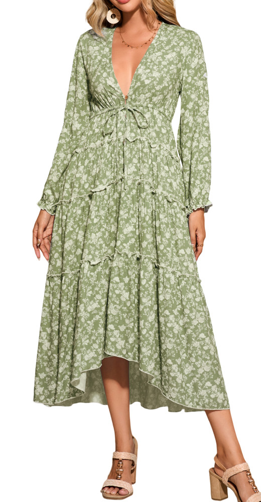 R.Vivimos Fall Floral Dress for Women 2025 Boho Long Sleeve V Neck Drawstring Tie Loose Tiered Flowy Midi Dress with Pockets