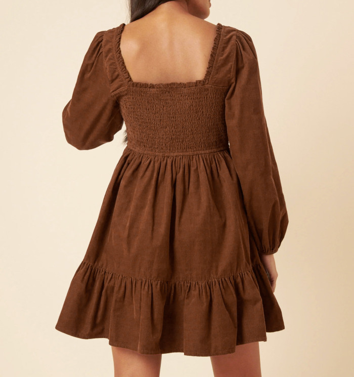 R.Vivimos Womens 2025 Fall Corduroy Cotton Long Sleeve Square Neck Elastic Smocked A-Line Ruffle Mini Dress