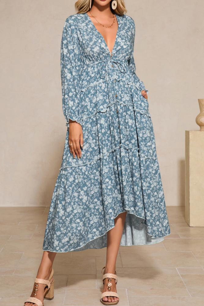 R.Vivimos Fall Floral Dress for Women 2025 Boho Long Sleeve V Neck Drawstring Tie Loose Tiered Flowy Midi Dress with Pockets