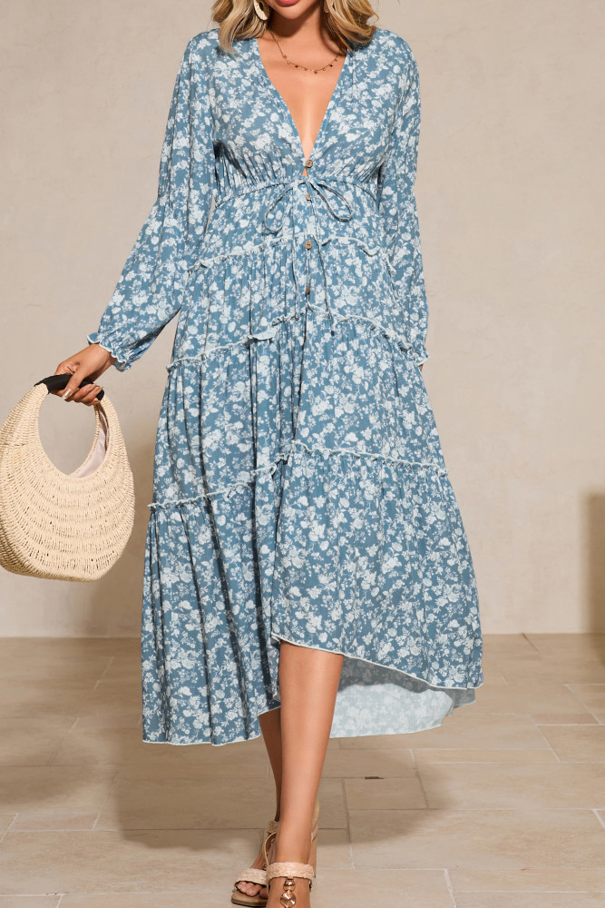 R.Vivimos Fall Floral Dress for Women 2025 Boho Long Sleeve V Neck Drawstring Tie Loose Tiered Flowy Midi Dress with Pockets
