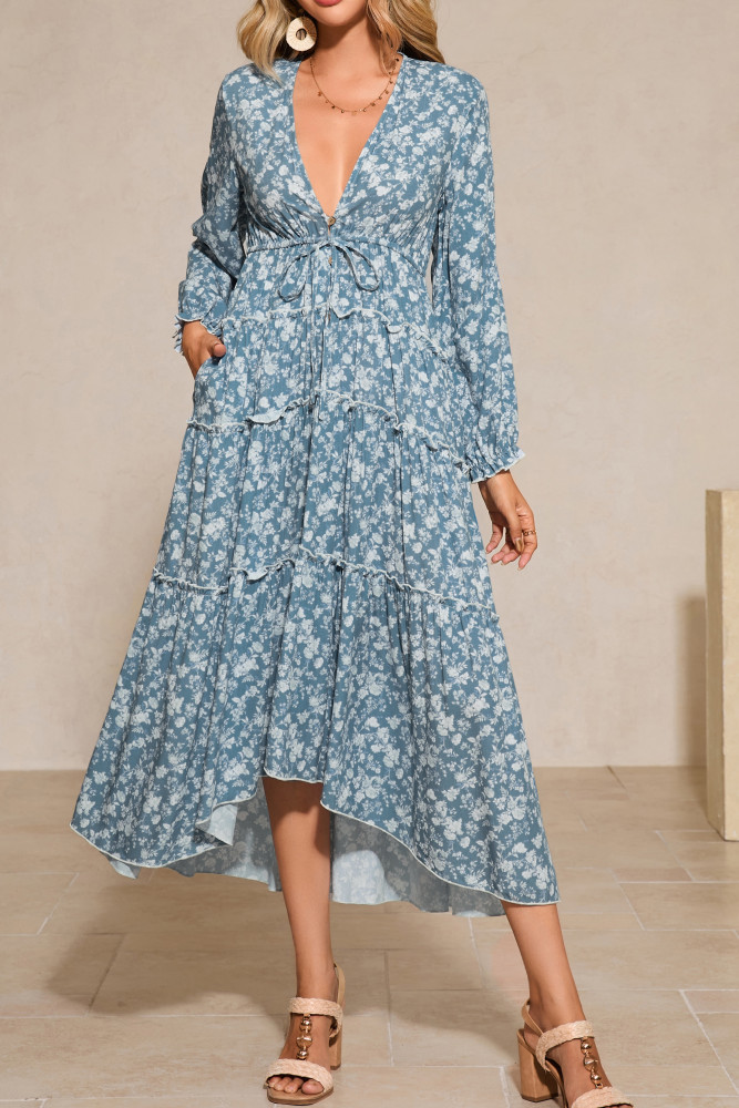 R.Vivimos Fall Floral Dress for Women 2025 Boho Long Sleeve V Neck Drawstring Tie Loose Tiered Flowy Midi Dress with Pockets