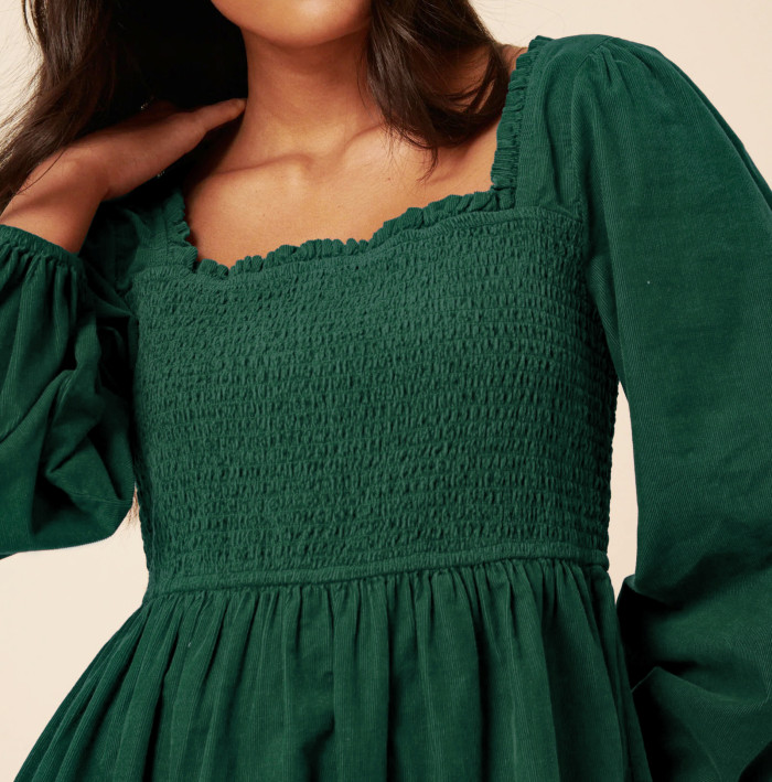 R.Vivimos Womens 2025 Fall Corduroy Cotton Long Sleeve Square Neck Elastic Smocked A-Line Ruffle Mini Dress