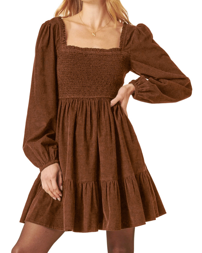 R.Vivimos Womens 2025 Fall Corduroy Cotton Long Sleeve Square Neck Elastic Smocked A-Line Ruffle Mini Dress