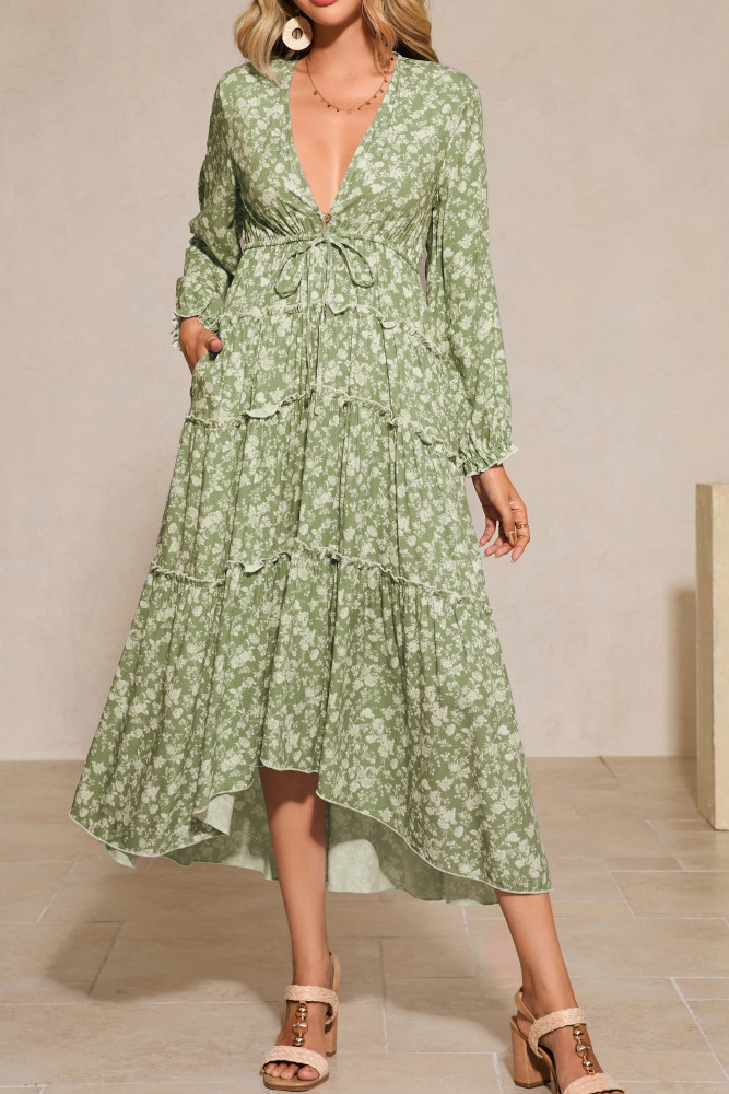 R.Vivimos Fall Floral Dress for Women 2025 Boho Long Sleeve V Neck Drawstring Tie Loose Tiered Flowy Midi Dress with Pockets