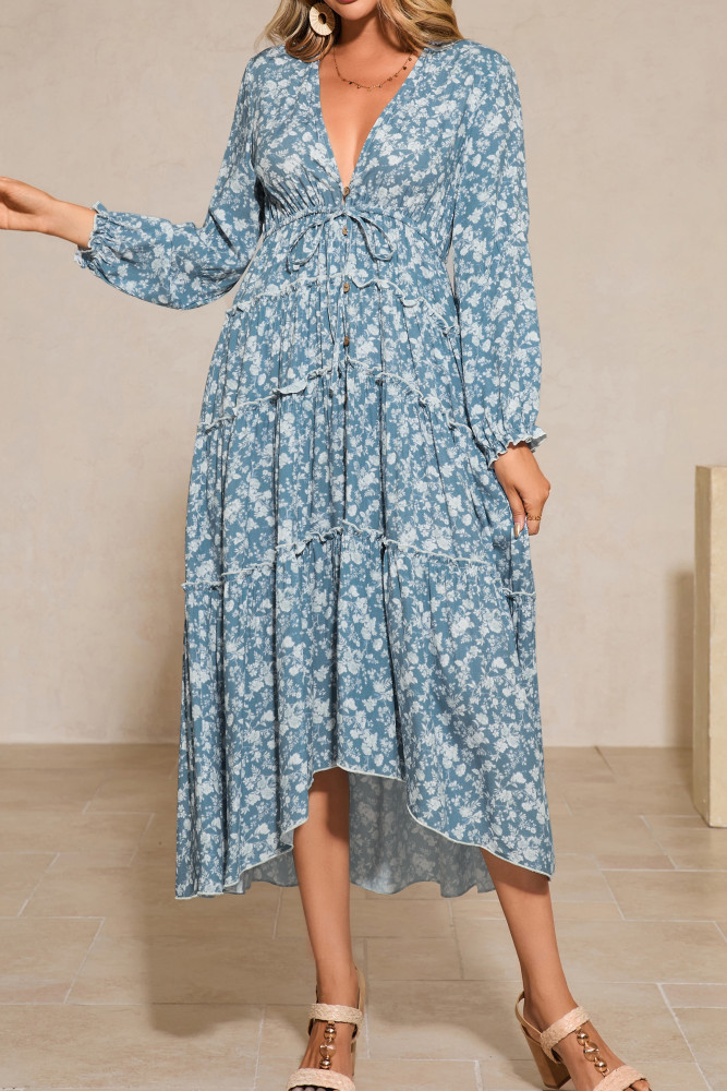 R.Vivimos Fall Floral Dress for Women 2025 Boho Long Sleeve V Neck Drawstring Tie Loose Tiered Flowy Midi Dress with Pockets