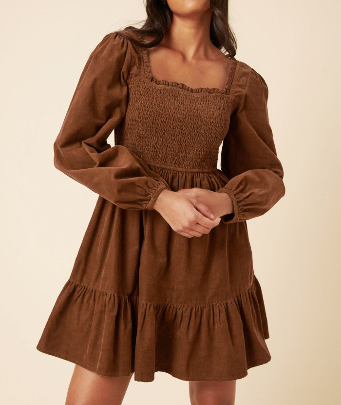 R.Vivimos Womens 2025 Fall Corduroy Cotton Long Sleeve Square Neck Elastic Smocked A-Line Ruffle Mini Dress