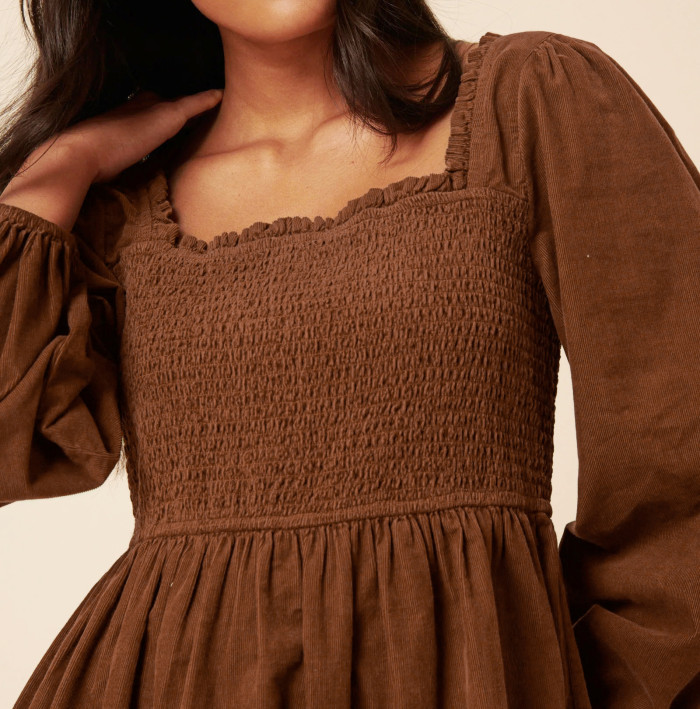 R.Vivimos Womens 2025 Fall Corduroy Cotton Long Sleeve Square Neck Elastic Smocked A-Line Ruffle Mini Dress