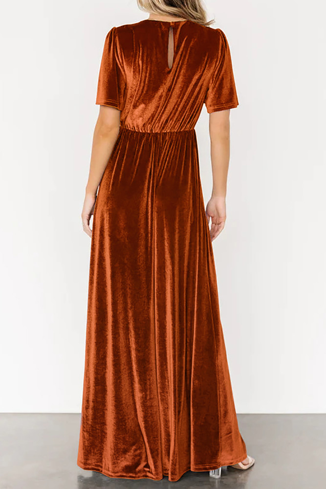 R.Vivimos Womens Fall Velvet Maxi Dress 2025 Short Sleeve V Neck Elegant Vintage Flowy Long Dresses