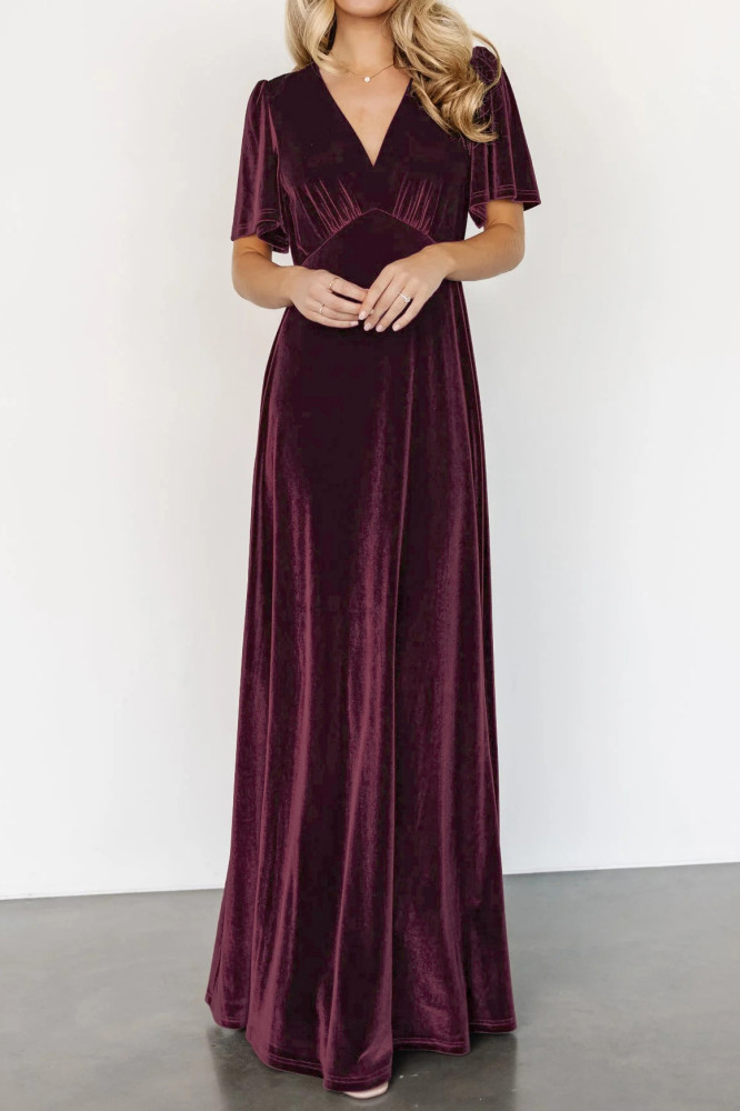 R.Vivimos Womens Fall Velvet Maxi Dress 2025 Short Sleeve V Neck Elegant Vintage Flowy Long Dresses
