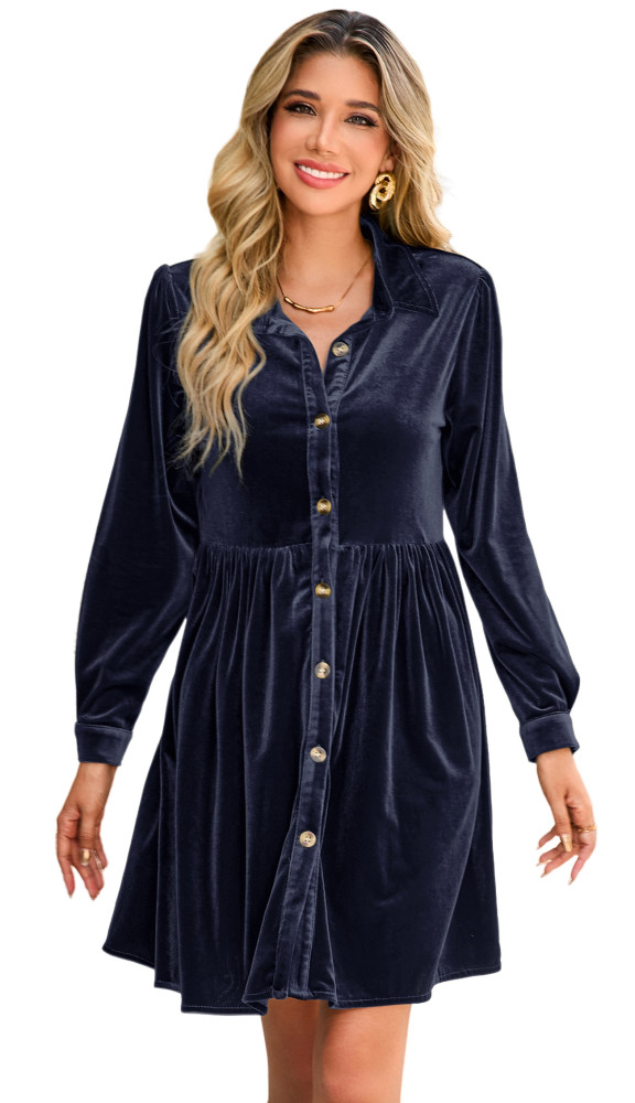 R.Vivimos Women's Fall Winter Velvet Button Down Mini Dress 2025 Long Sleeve Casual Swing Flowy Shirt Dress