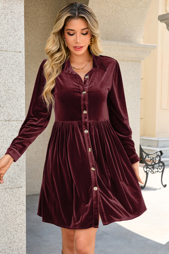 R.Vivimos Women's Fall Winter Velvet Button Down Mini Dress 2025 Long Sleeve Casual Swing Flowy Shirt Dress