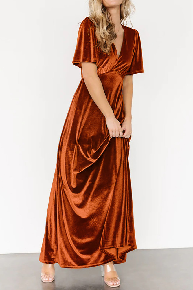 R.Vivimos Womens Fall Velvet Maxi Dress 2025 Short Sleeve V Neck Elegant Vintage Flowy Long Dresses