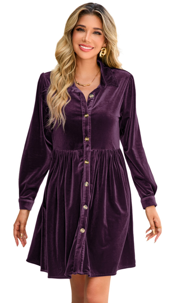 R.Vivimos Women's Fall Winter Velvet Button Down Mini Dress 2025 Long Sleeve Casual Swing Flowy Shirt Dress