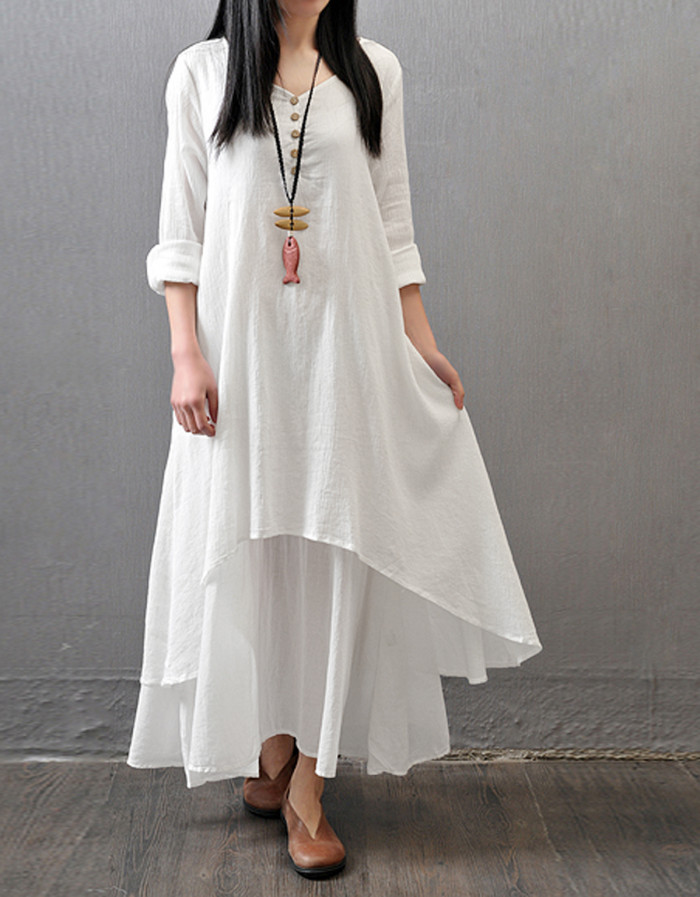 R.Vivimos Women Long Sleeve Cotton Casual Loose Plus Size Irregular Long Dresses