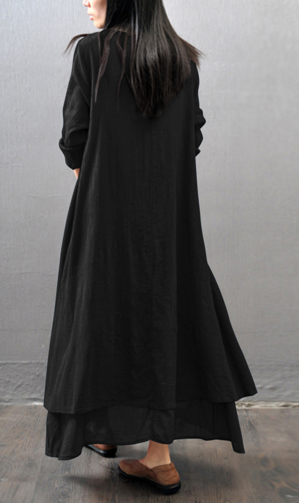 R.Vivimos Women Long Sleeve Cotton Casual Loose Plus Size Irregular Long Dresses