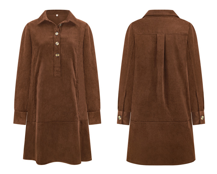 R.Vivimos 2025 Fall Corduroy Cotton Casual Dresses for Women Long Sleeve Button Up Shift Mini Dress with Pockets