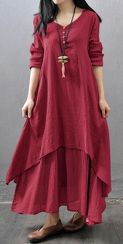 R.Vivimos Women Long Sleeve Cotton Casual Loose Plus Size Irregular Long Dresses