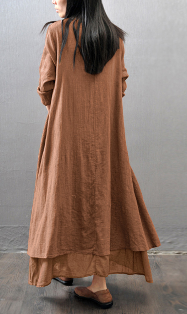 R.Vivimos Women Long Sleeve Cotton Casual Loose Plus Size Irregular Long Dresses