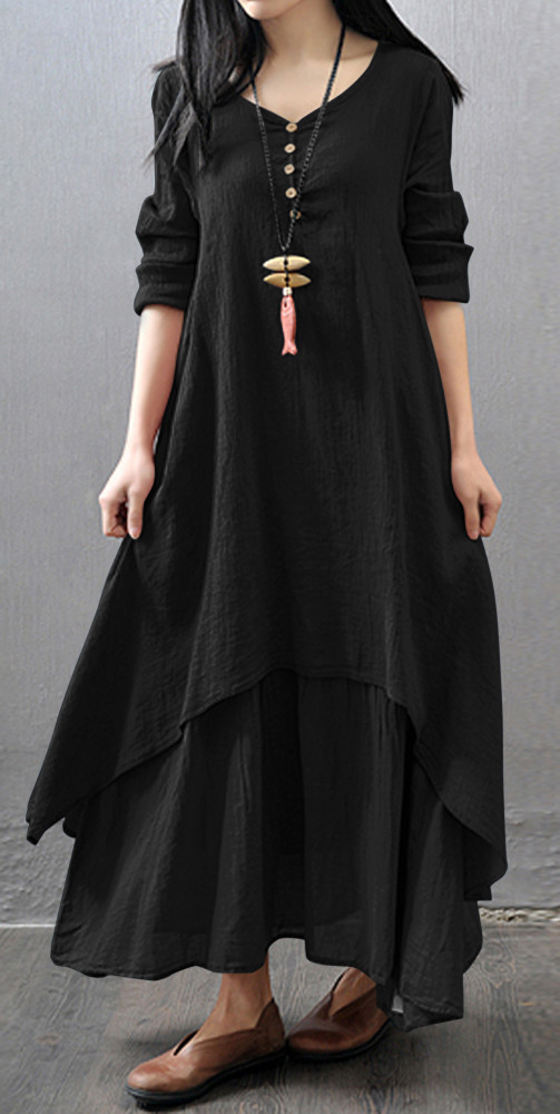 R.Vivimos Women Long Sleeve Cotton Casual Loose Plus Size Irregular Long Dresses