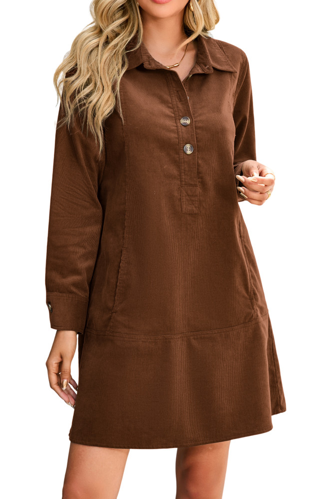 R.Vivimos 2025 Fall Corduroy Cotton Casual Dresses for Women Long Sleeve Button Up Shift Mini Dress with Pockets