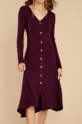 R.Vivimos Women's Winter Cotton Long Sleeves V-Neck Casual Button Down Knit Sweater Midi Dress