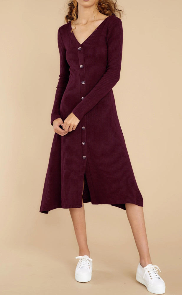 R.Vivimos Women's Winter Cotton Long Sleeves V-Neck Casual Button Down Knit Sweater Midi Dress