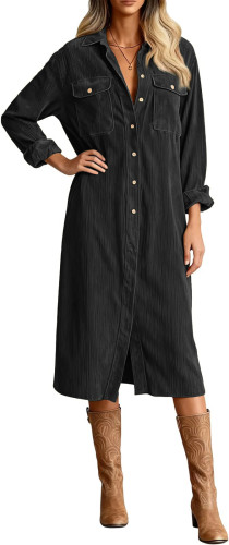 R.Vivimos Women's 2026 Fall Corduroy Cotton Midi Dress Long Sleeve Button Down Casual Loose Shirt Long Dresses with Pockets