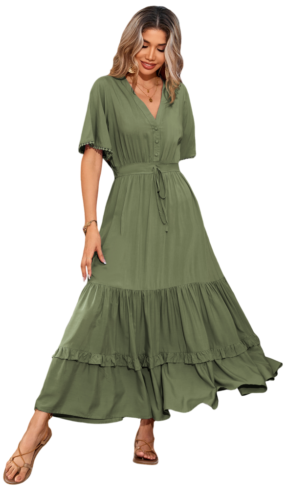 R.Vivimos Womens Summer Cotton Short Sleeve V Neck Floral Print Casual Bohemian Long Dresses