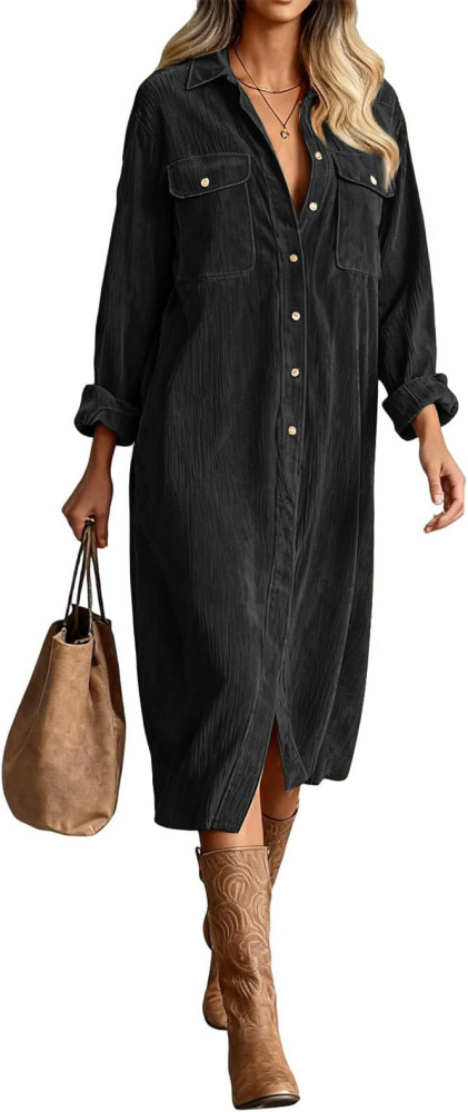 R.Vivimos Women's 2026 Fall Corduroy Cotton Midi Dress Long Sleeve Button Down Casual Loose Shirt Long Dresses with Pockets
