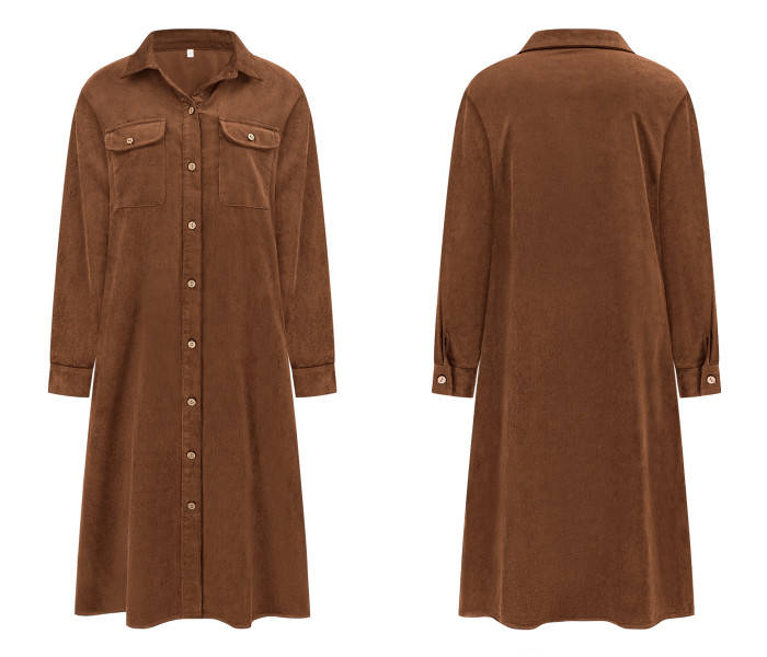 R.Vivimos Women's 2026 Fall Corduroy Cotton Midi Dress Long Sleeve Button Down Casual Loose Shirt Long Dresses with Pockets