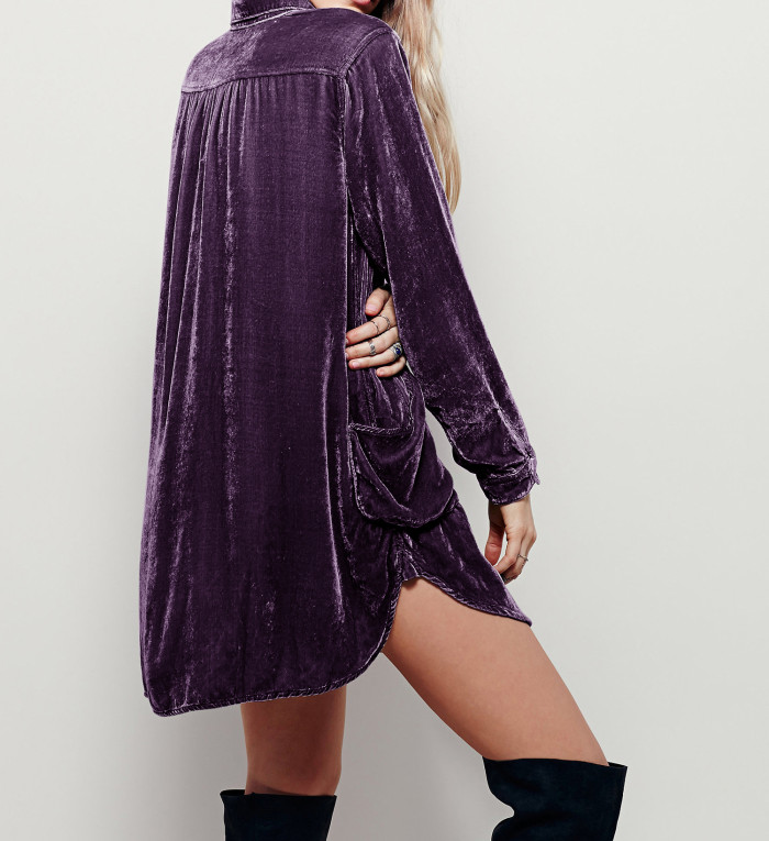 R.Vivimos Womens Velvet Long Sleeve Pocket Casual Mini Shirt Dress
