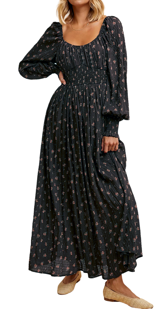 R.Vivimos 2026 Puff Long Sleeve Chiffon Maxi Dress for Women Square Neck Elastic Empire Waist Floral Print A-Line Flowy Dress