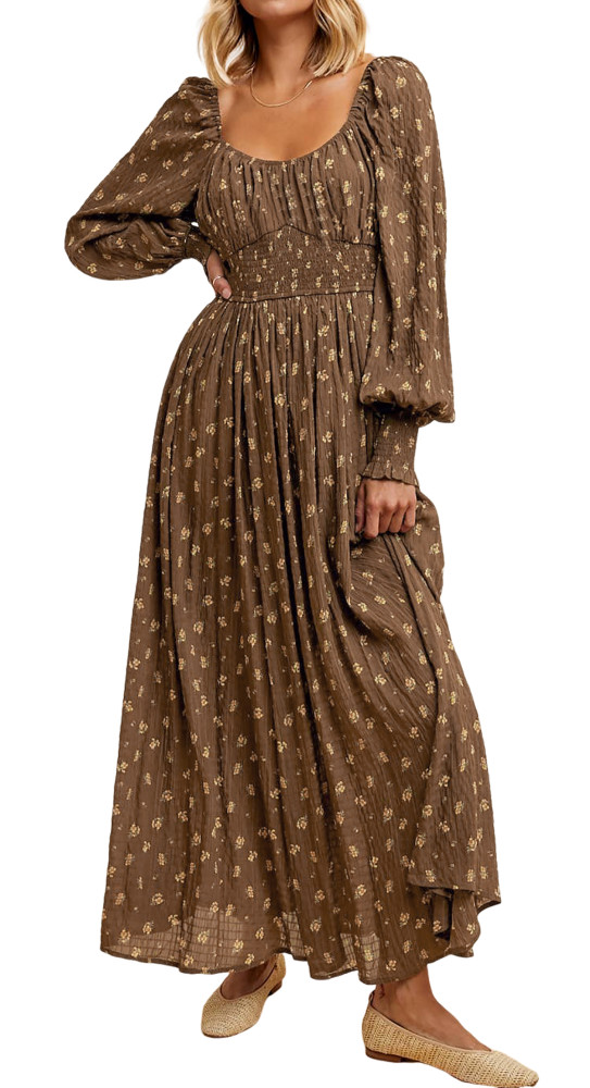 R.Vivimos 2026 Puff Long Sleeve Chiffon Maxi Dress for Women Square Neck Elastic Empire Waist Floral Print A-Line Flowy Dress