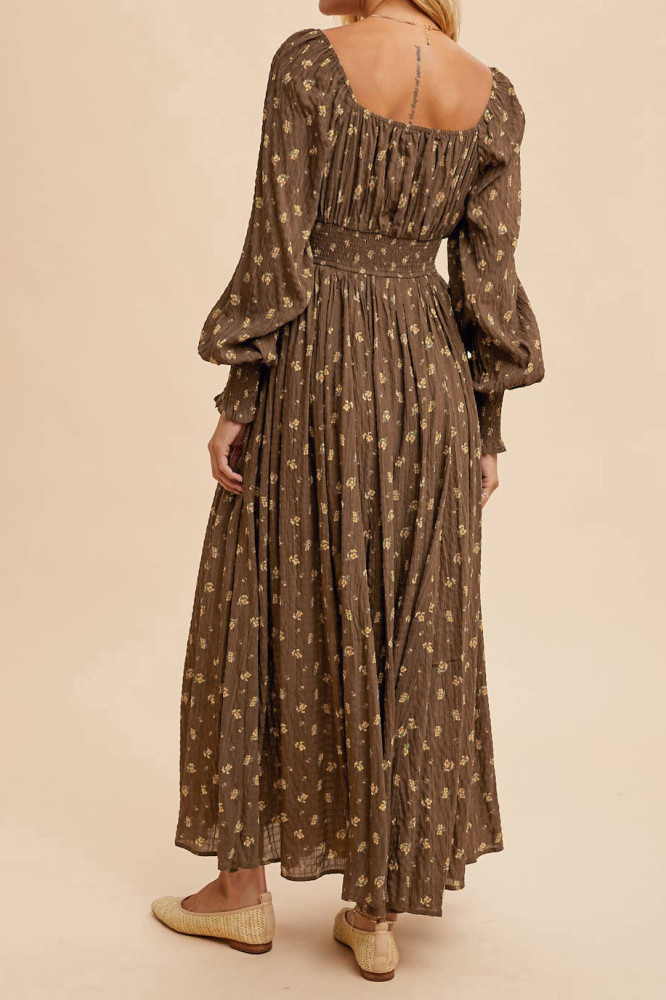 R.Vivimos 2026 Puff Long Sleeve Chiffon Maxi Dress for Women Square Neck Elastic Empire Waist Floral Print A-Line Flowy Dress