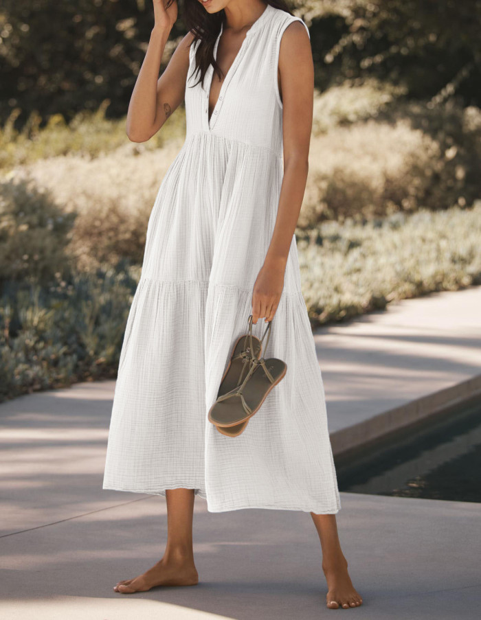 R.Vivimos 2026 Summer Cotton Maxi Dresses for Women Casual Sleeveless Button V Neck Tiered Loose Flowy Beach Long Dress