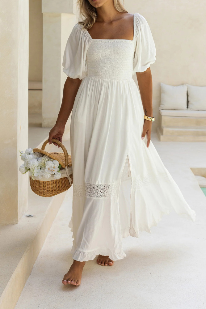 R.Vivimos Summer Boho Maxi Dresses for Women 2026 Puff Sleeve Square Neck Smocked Casual Slit Flowy Long Dress with Pockets
