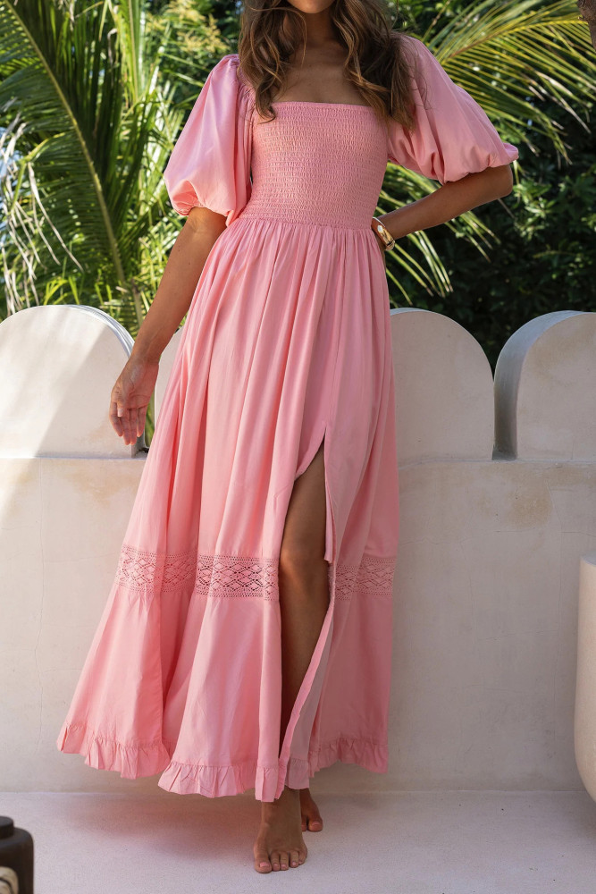 R.Vivimos Summer Boho Maxi Dresses for Women 2026 Puff Sleeve Square Neck Smocked Casual Slit Flowy Long Dress with Pockets
