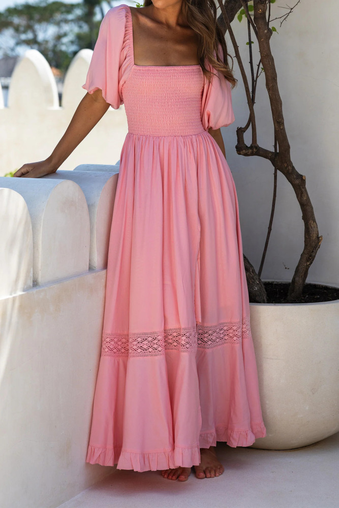 R.Vivimos Summer Boho Maxi Dresses for Women 2026 Puff Sleeve Square Neck Smocked Casual Slit Flowy Long Dress with Pockets