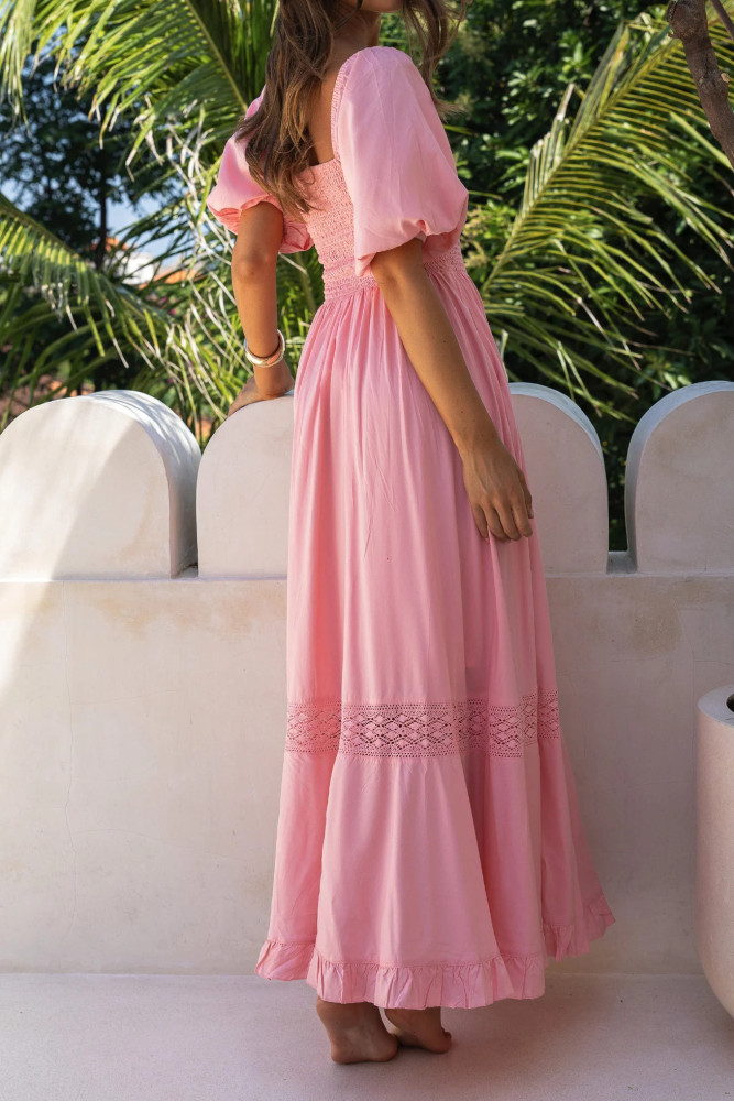 R.Vivimos Summer Boho Maxi Dresses for Women 2026 Puff Sleeve Square Neck Smocked Casual Slit Flowy Long Dress with Pockets