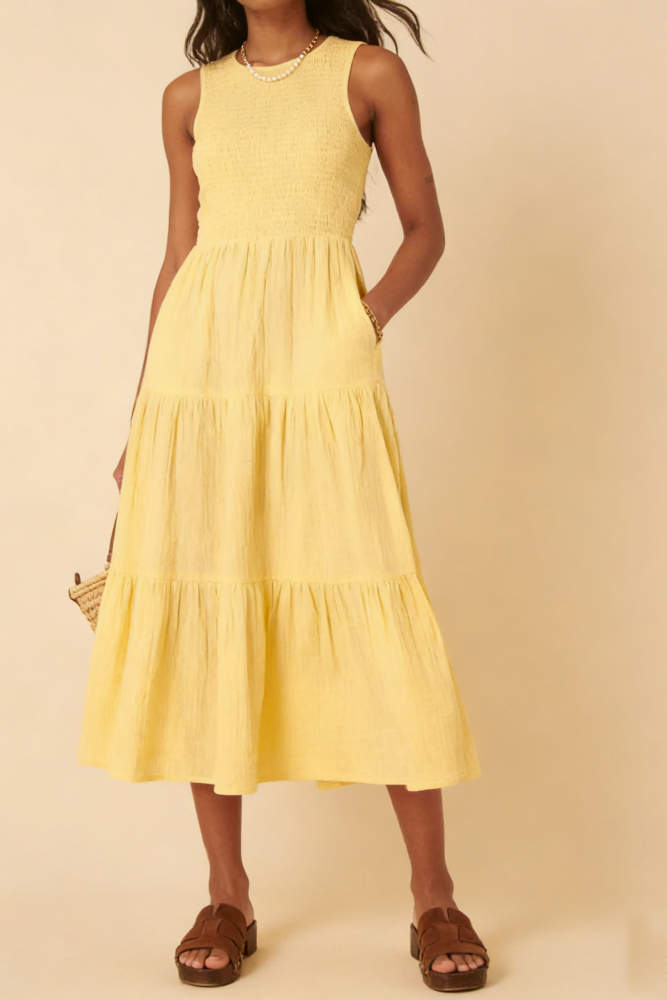R.Vivimos 2026 Summer Cotton Midi Dresses for Women Casual Sleeveless Smocked A-Line Tiered Flowy Tank Dress with Pockets