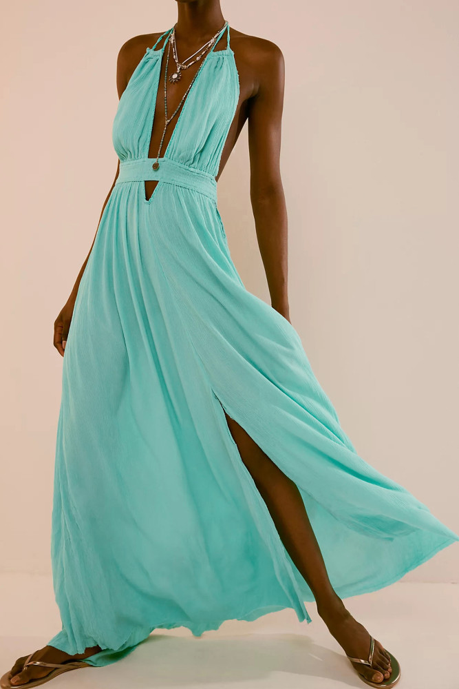 R.Vivimos Boho Maxi Dresses for Women 2025 Summer Sleeveless Halter Elastic  Waist Sexy Backless Front