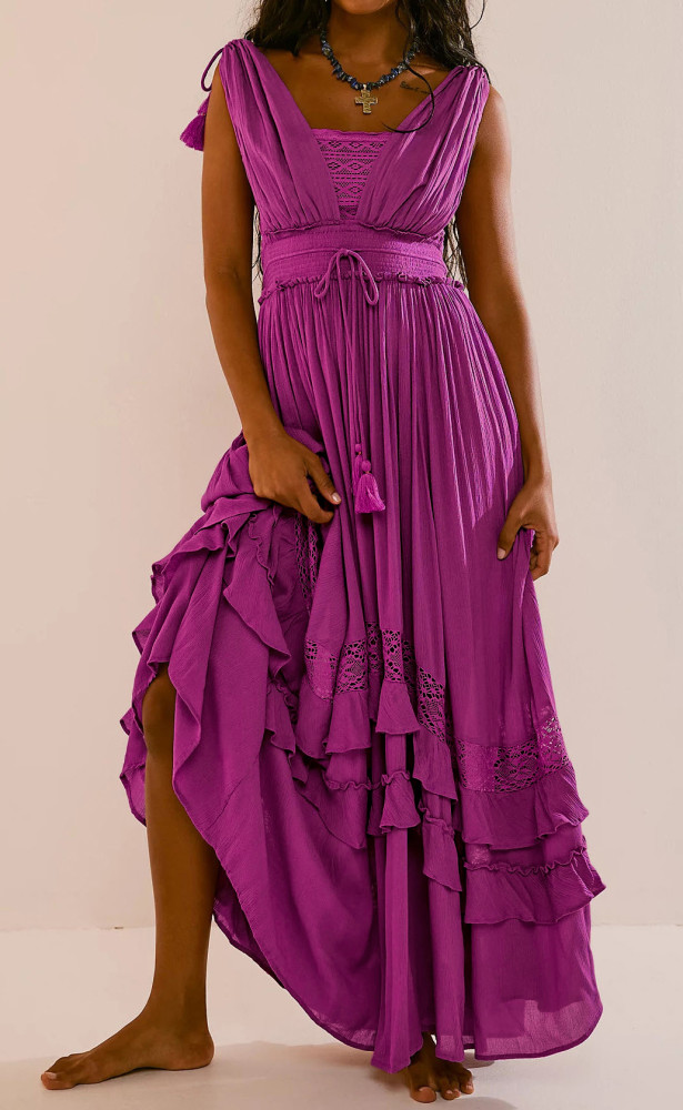 R.Vivimos Womens Summer Boho Maxi Dress 2026 Sleeveless Elastic Waist Layered Backless Beach Flowy Long Dress