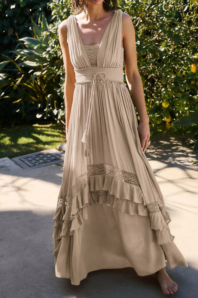 R.Vivimos Womens Summer Boho Maxi Dress 2026 Sleeveless Elastic Waist Layered Backless Beach Flowy Long Dress