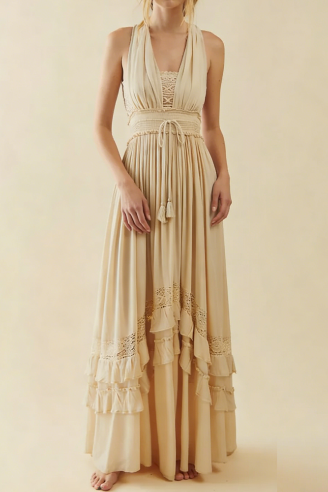 R.Vivimos Womens Summer Boho Maxi Dress 2026 Sleeveless Elastic Waist Layered Backless Beach Flowy Long Dress