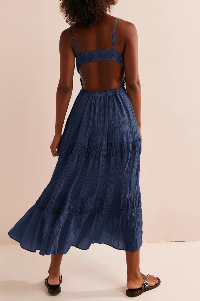 R.Vivimos Cotton Casual Summer Dresses for Women 2026 Spaghetti Strap Backless Boho Flowy Midi Dress with Pockets