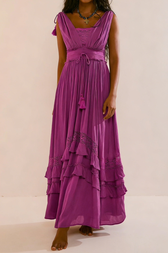 R.Vivimos Womens Summer Boho Maxi Dress 2026 Sleeveless Elastic Waist Layered Backless Beach Flowy Long Dress